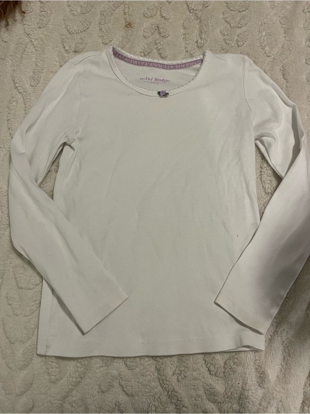 Mini Boden White Tee with Lilac Trim and Rose Accent